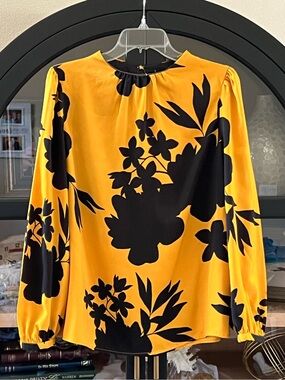 Who What Wear Yellow Blouse with Black Floral Print